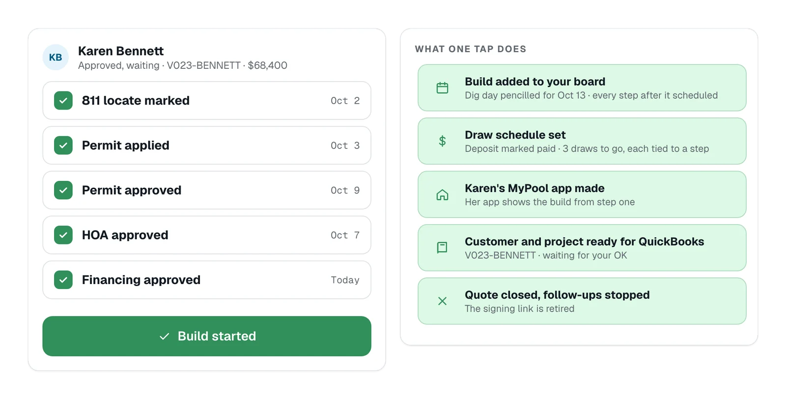 One tap on “Deposit received” adds the build, sets the draws, makes the MyPool app and readies QuickBooks