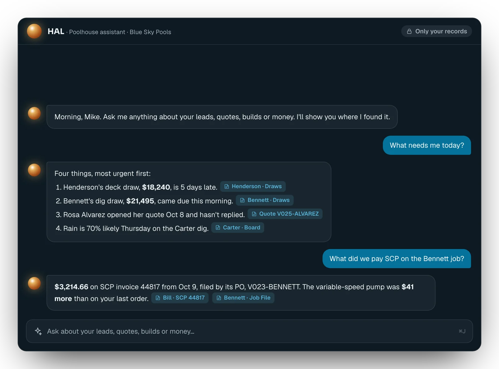 HAL answering a builder's question with links to the records it used