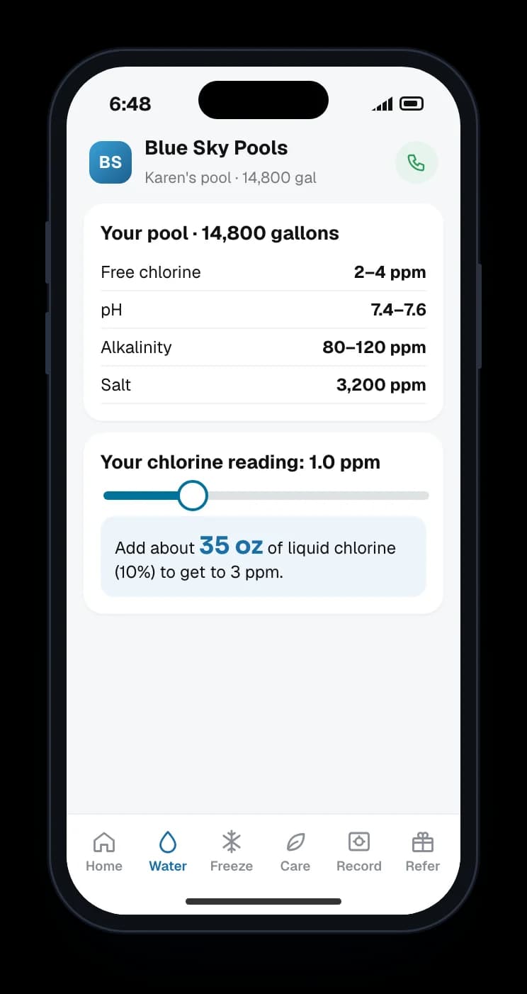 The MyPool Water tab: target ranges and dosing for the homeowner's own gallons