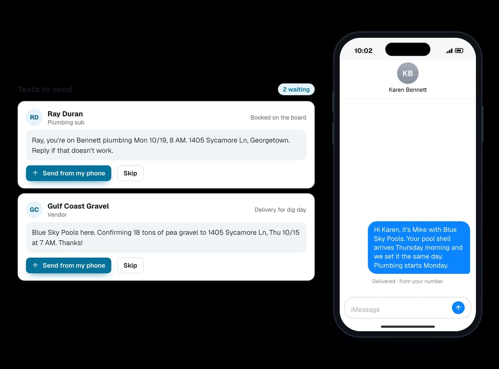 Texts to send, written by Poolhouse and sent from the builder's own phone